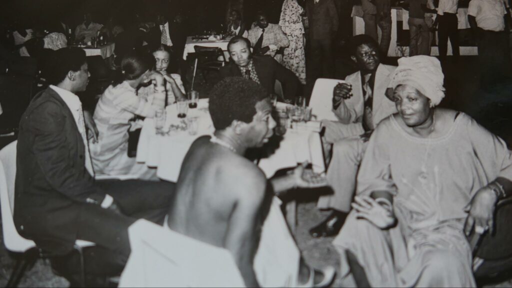 Nina Simone, left, at Wilhelmina "Coo Coo" Tubman's birthday party in Monrovia, 1974. Courtesy of the Parker family collection, Monrovia, Liberia