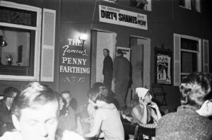 Image of "city fathers" [members of city council] entering the Penny Farthing on their tour of Yorkville.
Source: Toronto Telegram