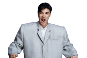 David Byrne wearing big shoulder suit